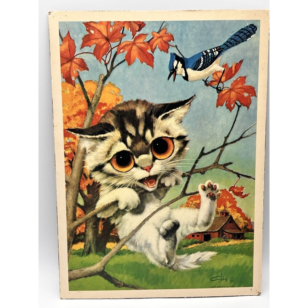 VTG 1970’s GIG Pity Kitty Big Eye Cat Blue Jay Autumn Board Art 10x12 Kitch art